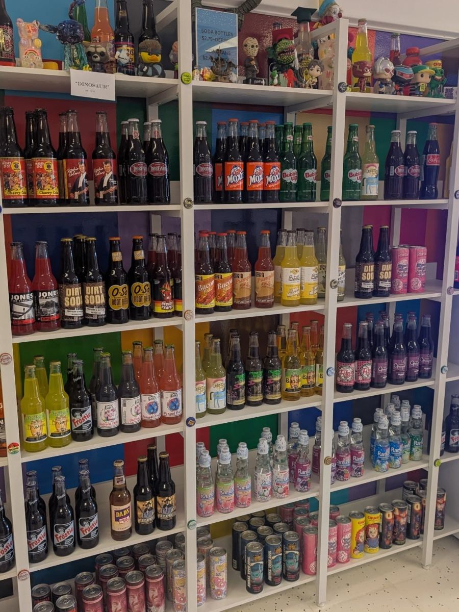 Wall of specialty glass-bottle sodas at Jawbreakers